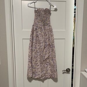 Purple and white ruched strapless sundress for casual occasions